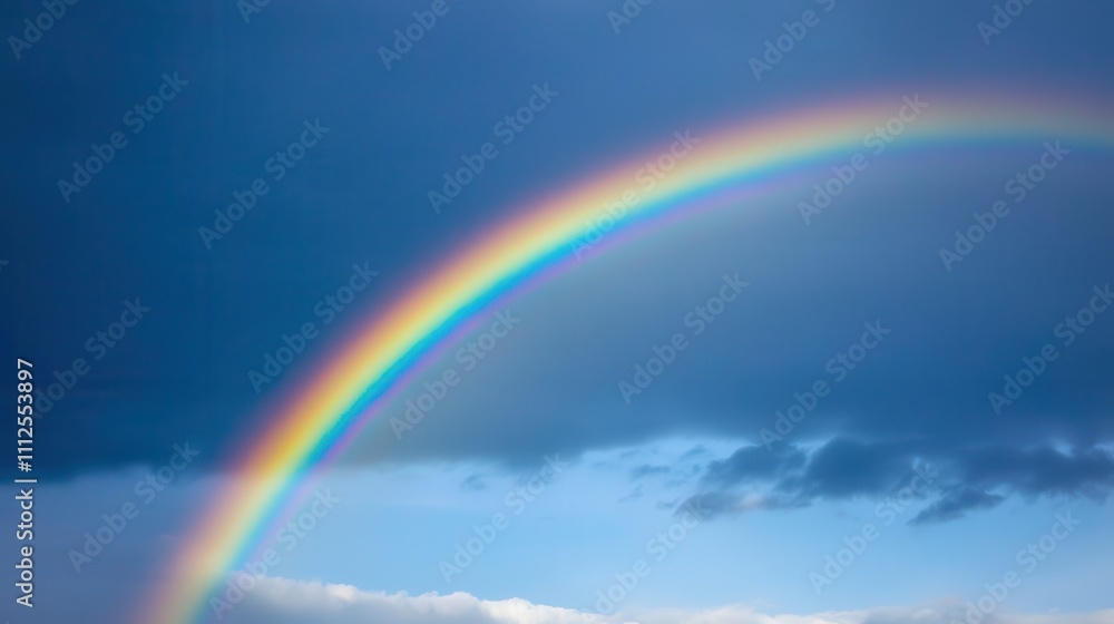 Beautiful Rainbow Arching Across a Dramatic Sky with Dark Clouds and Soft Blue Background, Perfect for Nature and Weather Themes in Photography Beautiful Rainbow Arching Across a Dramatic Sky with Dark Clouds and Soft Blue Background, Perfect for Nature and Weather Themes in Photography
