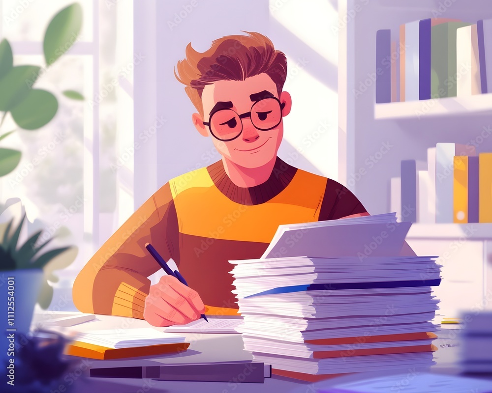 A young man is focused on his studies, surrounded by stacks of papers and books A young man is focused on his studies, surrounded by stacks of papers and books