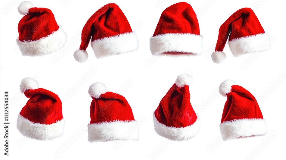 A set of six red Santa hats on a white background, ideal for holiday and festive themes A set of six red Santa hats on a white background, ideal for holiday and festive themes