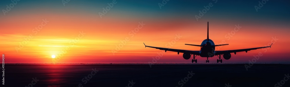 Obraz premium Airplane taking off into the sunset with landing gear down, travel , space for text