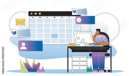 Personnel management concept. Man sits at computer near calendar. Organizing efficient work process and time management. Setting tasks, goals and deadlines. Flat vector illustration