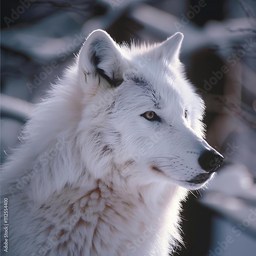 A snowy Arctic fox in a crouching position, Arctic fox, A Arctic Fox portrait, wildlife photography. photo