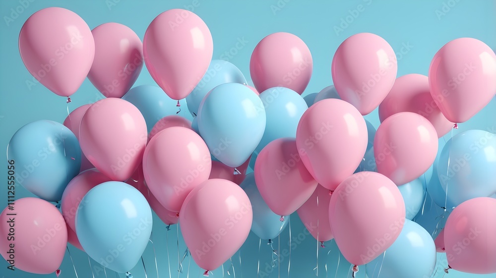 Pink balloons on a pastel blue background. 3d render illustration. Pink balloons on a pastel blue background. 3d render illustration.