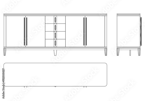Chest of drawers outline icon. Line art illustration of TV stand, dresser. Modern commode, furniture in scandinavian style for home interior. Linear vector illustration isolated on white background