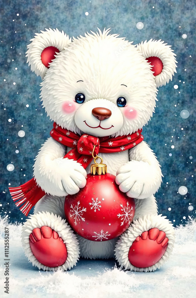 white teddy bear with christmas ball in paws, christmas festive background white teddy bear with christmas ball in paws, christmas festive background
