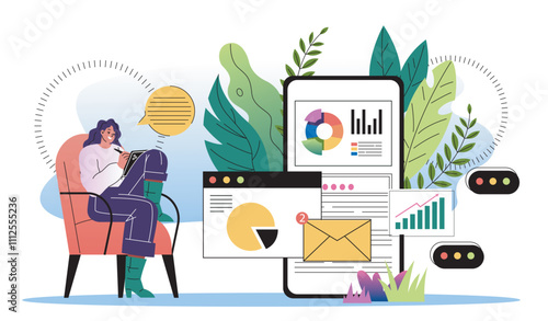 Personnel management concept. Woman with tablet look at graphs and diagrams. Organizing efficient work process and time management. Setting tasks, goals and deadlines. Flat vector illustration
