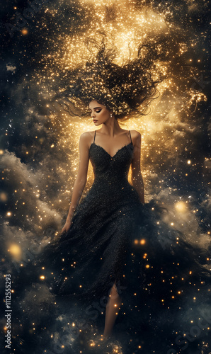 A beautiful woman with hair made of stars, wearing a black sequin fur gown, walks surrounded by stardust on dark sky