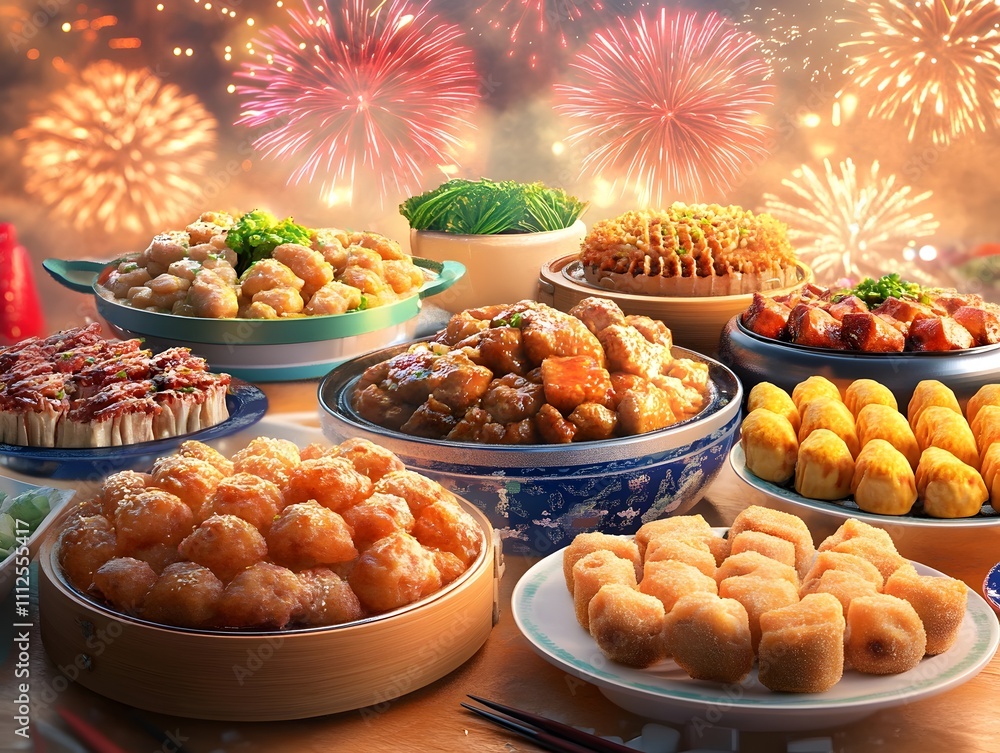 Celebrate with a stunning array of festive dishes, featuring colorful platters of dumplings, spring rolls, and noodles, all set against a backdrop of vibrant fireworks.