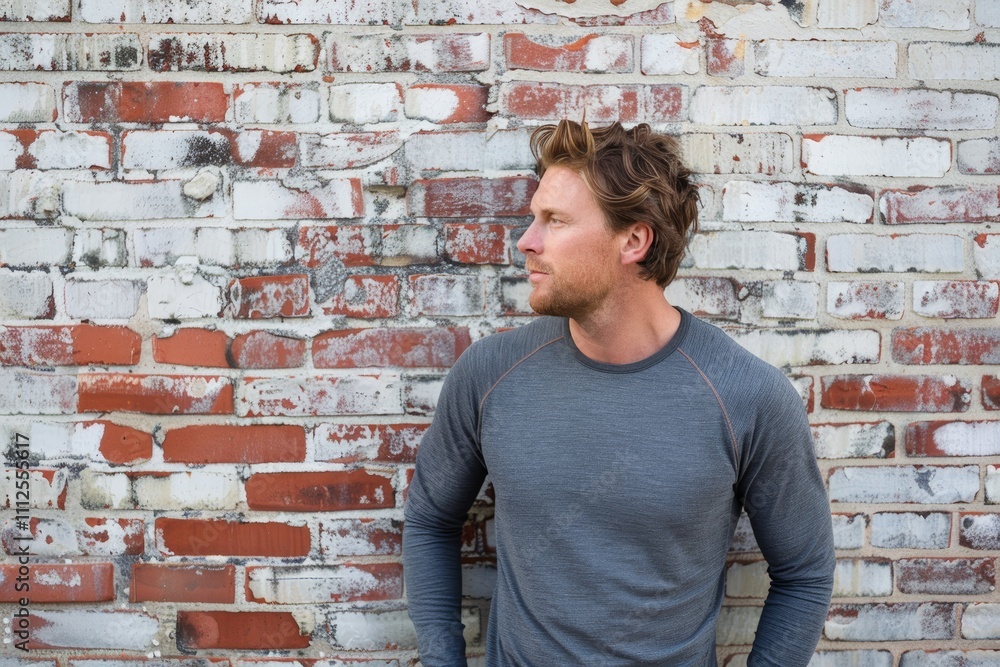 Portrait of a tender caucasian man in his 30s showing off a thermal merino wool top in vintage brick wall Portrait of a tender caucasian man in his 30s showing off a thermal merino wool top in vintage brick wall