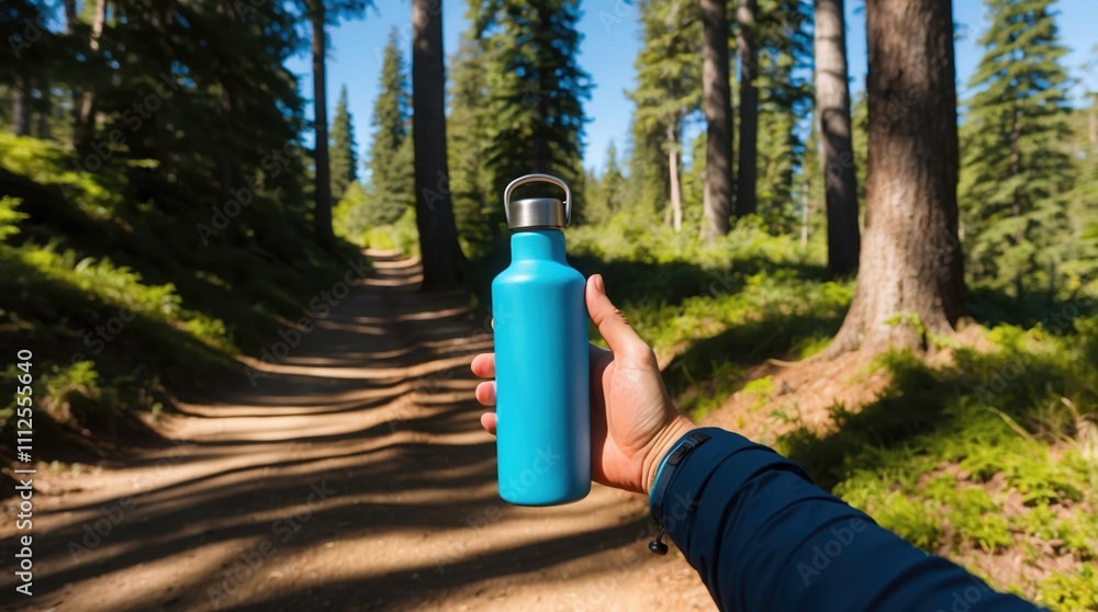 Bright Blue Water Bottle on a Forest Path Bright Blue Water Bottle on a Forest Path