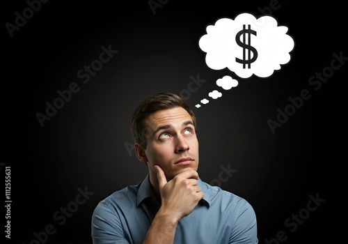 Worried man looking up and thinking with dollar symbol in thought bubble above his head