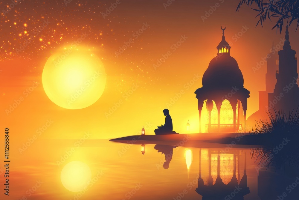 Obraz premium Serene Sunset over Indian Temple Ruins - Lone Meditator at Dusk