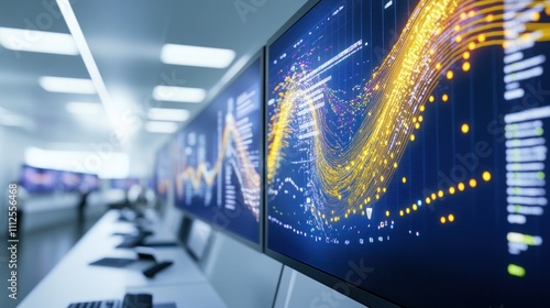 Modern analysis room with detailed data dashboards visible photo