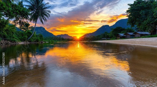 A photostock of a serene village scene with a river, trees, and rural houses under a soft golden sunrise, symbolizing peace and simplicity. High Quality