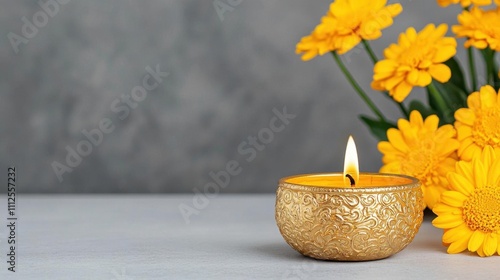 A photostock of a sparkling gold diya lamp glowing brightly, surrounded by marigold flowers for a festive and spiritual vibe. High Quality photo