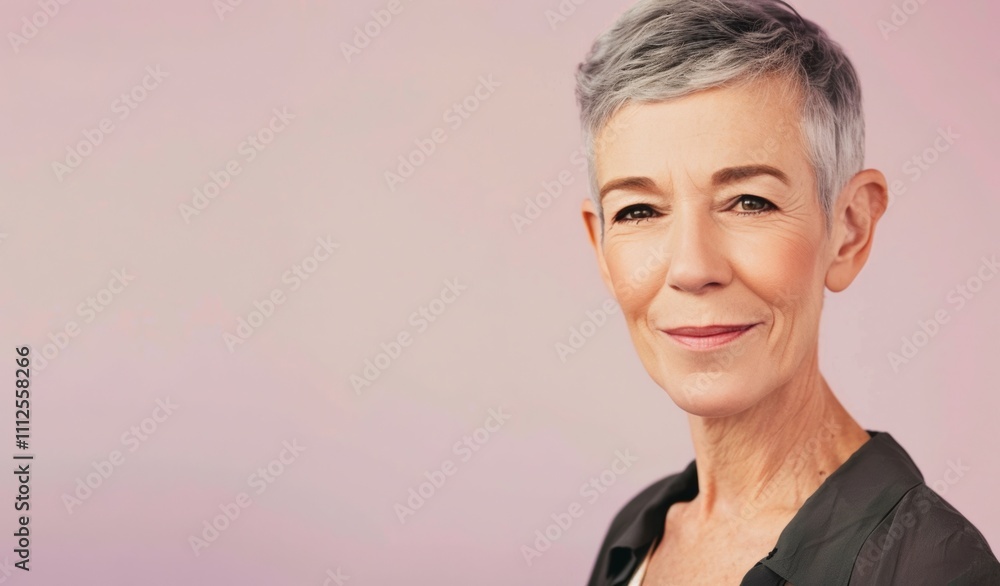 Close up, portrait of smiling casual mature professional woman with natural look and beautiful short grey hair, looking and smiling at camera. Lovely keen expression. Pink background, copy space. Close up, portrait of smiling casual mature professional woman with natural look and beautiful short grey hair, looking and smiling at camera. Lovely keen expression. Pink background, copy space.