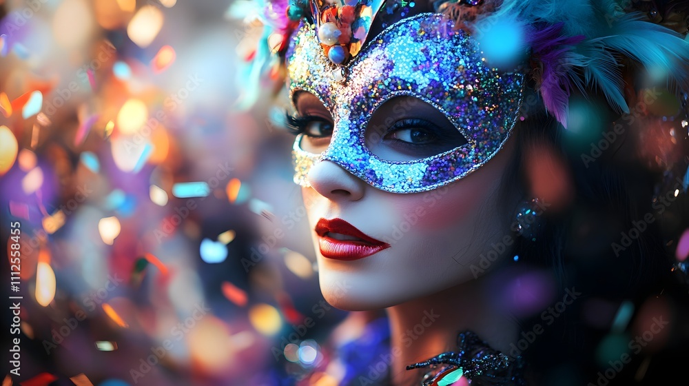 A captivating portrait of a woman wearing a vibrant, jeweled mask at a festive celebration. Sparkling confetti surrounds her, adding to the colorful and joyful atmosphere. A captivating portrait of a woman wearing a vibrant, jeweled mask at a festive celebration. Sparkling confetti surrounds her, adding to the colorful and joyful atmosphere.