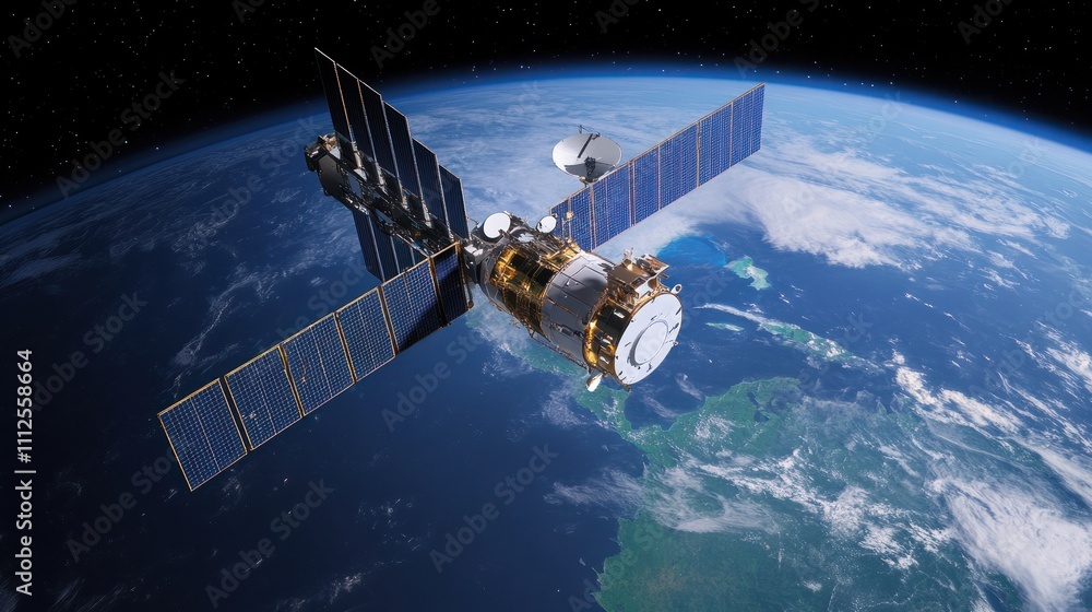 Obraz premium White satellite in space observing lush green Earth.
