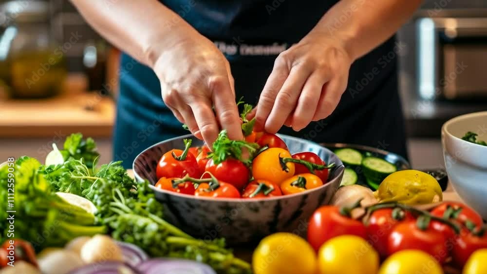 A person arranging fresh vegetables in a bowl, showcasing vibrant colors and healthy ingredients. A person arranging fresh vegetables in a bowl, showcasing vibrant colors and healthy ingredients.