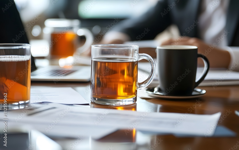A close-up view of tea and coffee mugs on a meeting table, showcasing a productive atmosphere with documents and a laptop in the background, perfect for business or lifestyle theme A close-up view of tea and coffee mugs on a meeting table, showcasing a productive atmosphere with documents and a laptop in the background, perfect for business or lifestyle theme