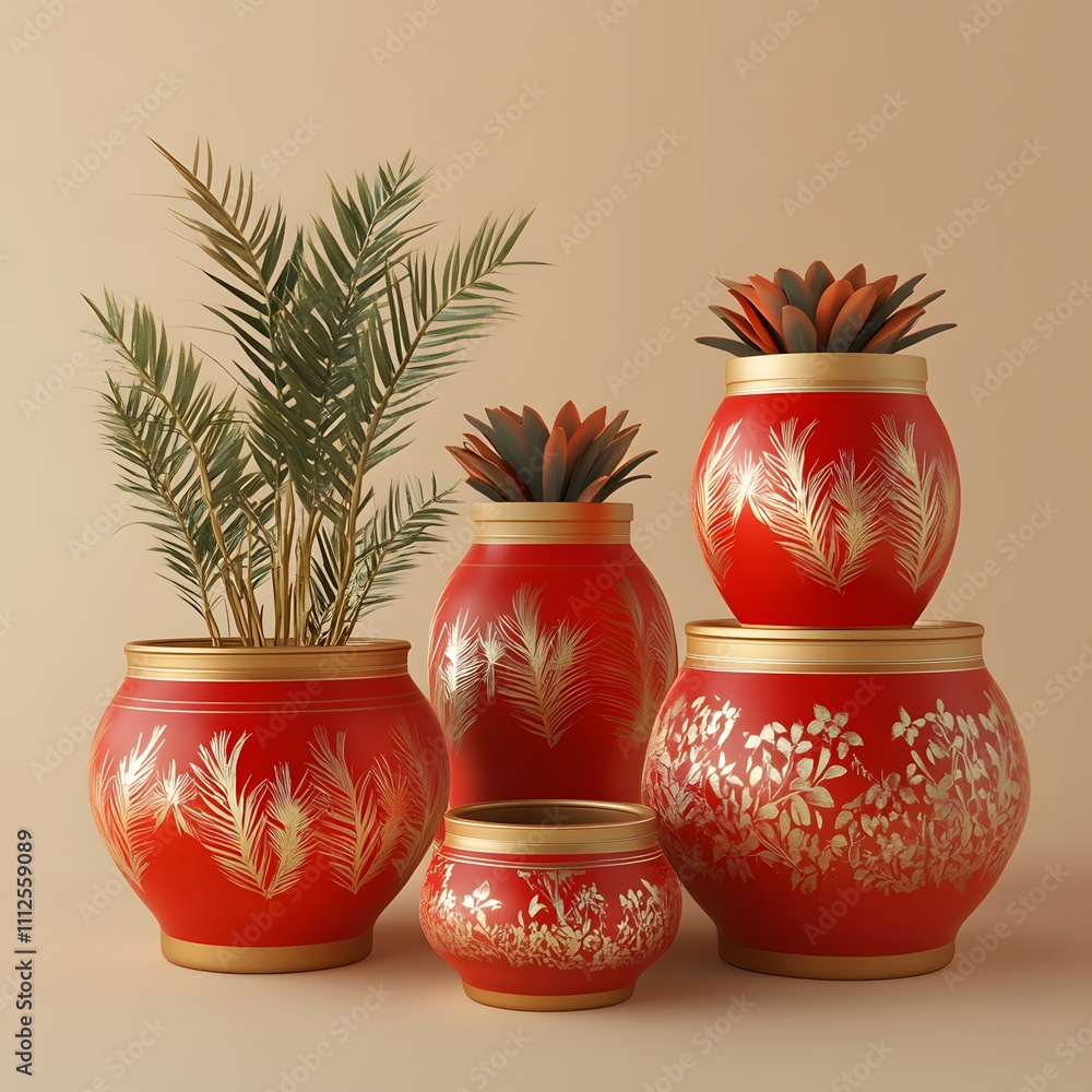 A collection of beautifully designed red pots featuring vibrant green plants. The elegant patterns on the pots add a touch of charm to any indoor space or garden. A collection of beautifully designed red pots featuring vibrant green plants. The elegant patterns on the pots add a touch of charm to any indoor space or garden.