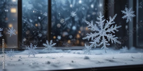 Glittering snowflakes fall on a frosted windowpane , frosty, decorations