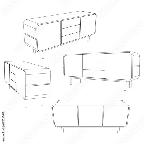 Chest of drawers outline icon. Line art illustration of TV stand, dresser. Modern commode, furniture in scandinavian style for home interior. Linear vector illustration isolated on white background