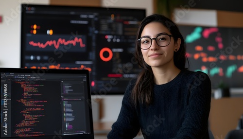 A focused woman in glasses works on a laptop, surrounded by multiple screens displaying data analytics and coding, showcasing modern technology in a professional environment.