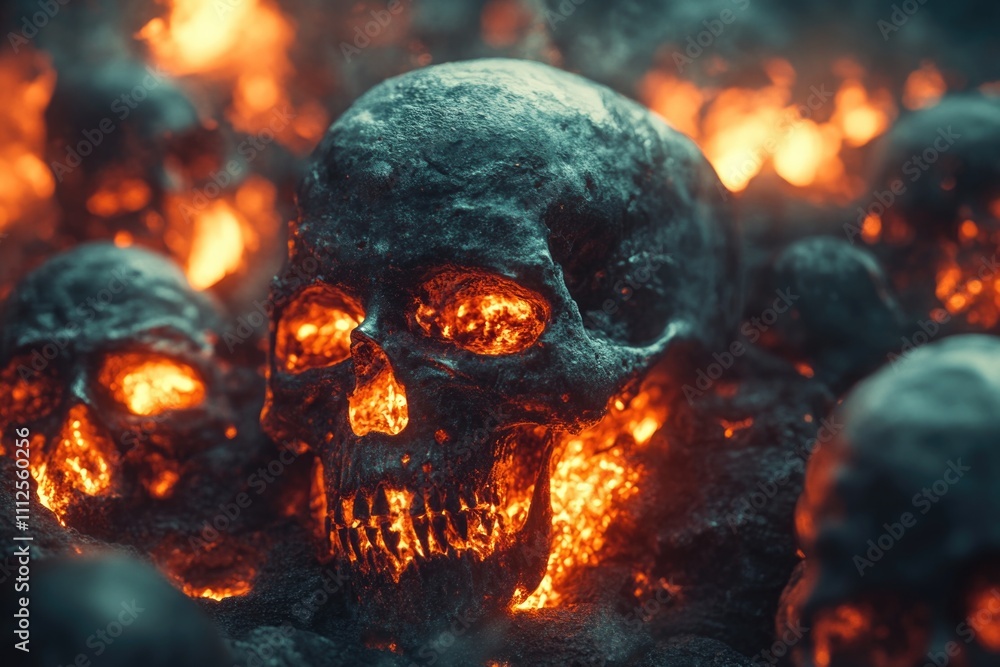 A collection of fiery skulls with eerie glows, perfect for dark and spooky scenes A collection of fiery skulls with eerie glows, perfect for dark and spooky scenes
