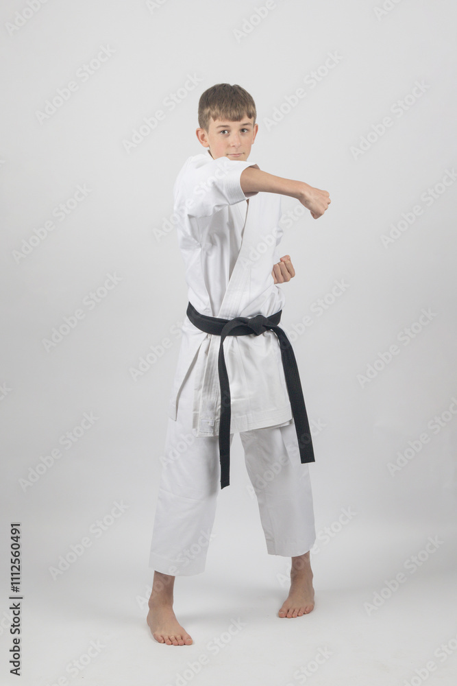Fifteen year old male teenage karate black bel in sanchin stance doing a back fist , studio shot against a white background Fifteen year old male teenage karate black bel in sanchin stance doing a back fist , studio shot against a white background