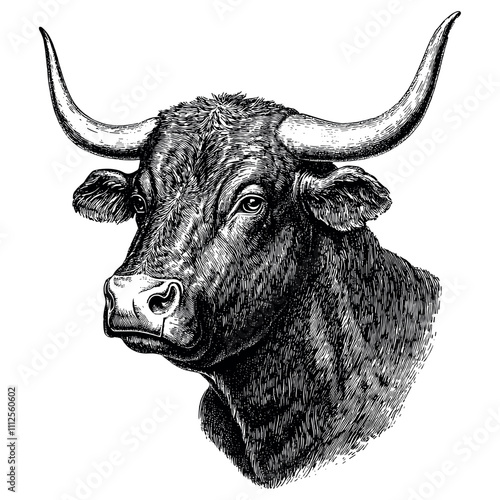 Bull Head Detailed Vintage Engraving Illustration on White Background with Intricate Texture Classic Animal Art Antique Style Strong Symbol Graphic Vintage Livestock Design photo