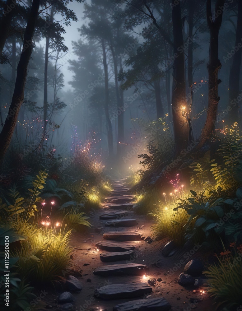 Fototapeta premium Hazy forest landscape at night with colorful glowing crystals and path illuminated by fireflies, night, hazy