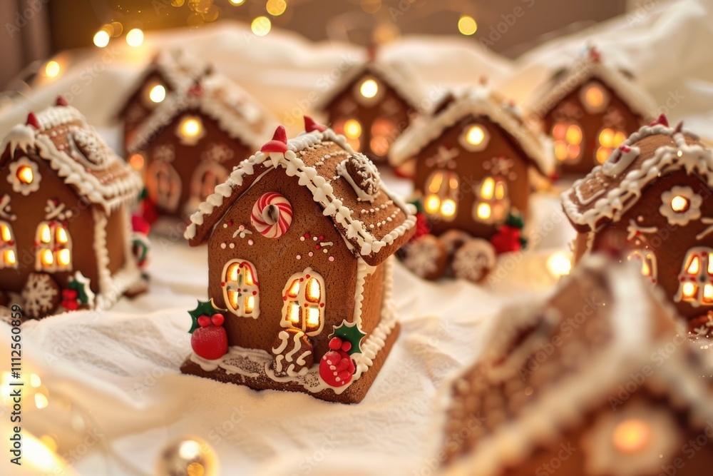 Miniature gingerbread houses on a table, perfect for holiday decorations or photography props Miniature gingerbread houses on a table, perfect for holiday decorations or photography props