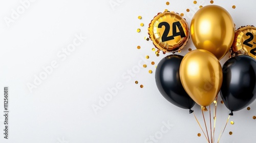 A photostock of golden 2024 balloons with shimmering confetti and festive ribbons on a clean white background for New Year themes. High Quality photo