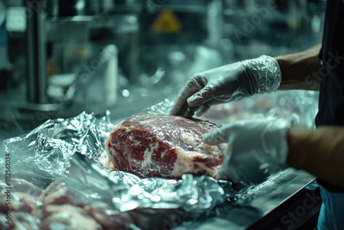 A person slicing meat on a cutting board in a kitchen setting