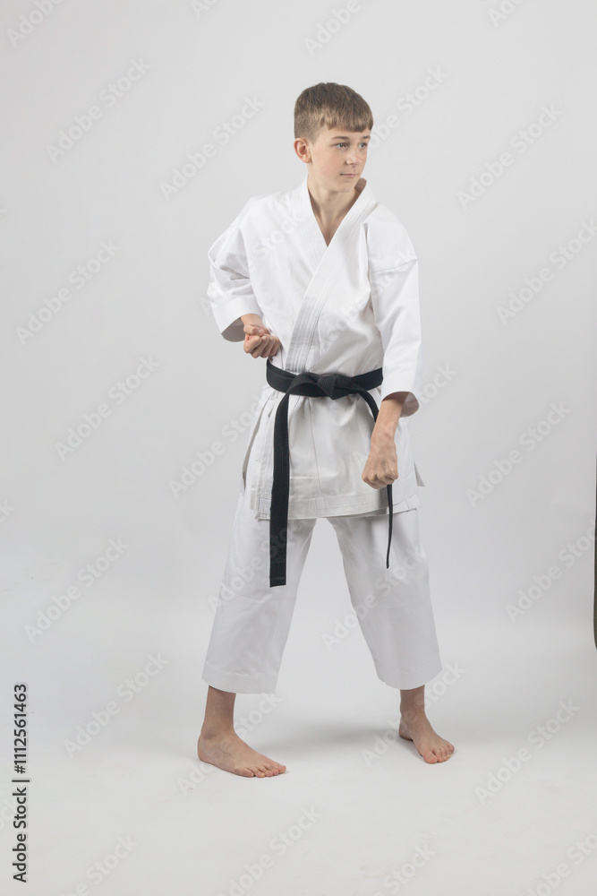 Fifteen year old male teenage karate black bel in sanchin stance doing groin block, studio shot against a white background