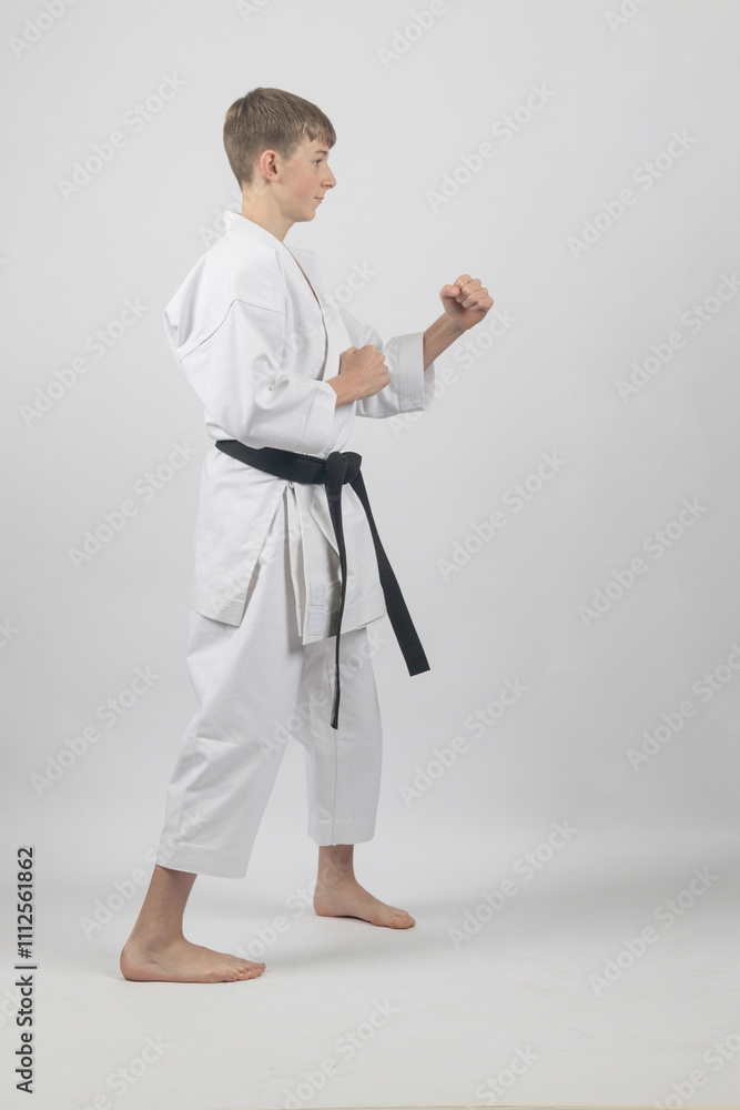 Fifteen year old male teenage karate black belt in sanchin stance, studio shot against a white background Fifteen year old male teenage karate black belt in sanchin stance, studio shot against a white background