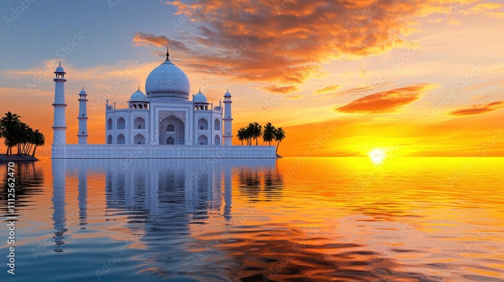 Obraz premium A photostock of the iconic Taj Mahal reflecting in the calm waters under a golden sunrise, capturing the essence of architectural beauty. High Quality