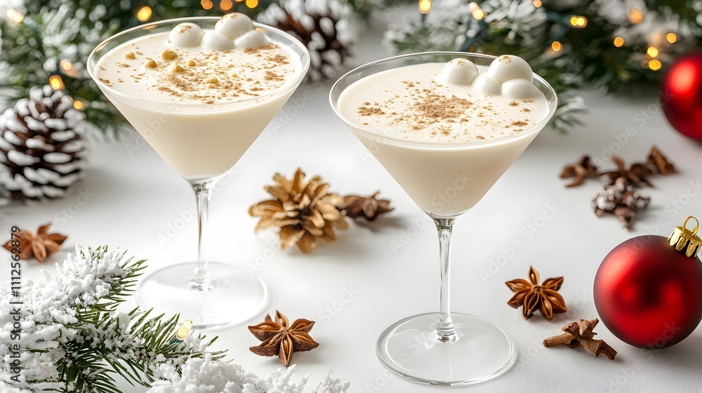 festive Eggnog Martini: Christmas cheer in every sip. Two elegant Eggnog Martinis, adorned with festive garnish, take center stage against a backdrop of twinkling lights and winter greenery. festive Eggnog Martini: Christmas cheer in every sip. Two elegant Eggnog Martinis, adorned with festive garnish, take center stage against a backdrop of twinkling lights and winter greenery.