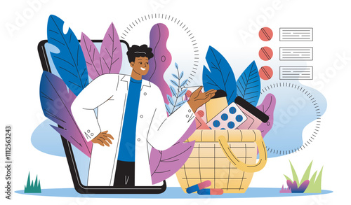 Pharmacist online concept. Man in medical uniform near pills and medicines. Electronic commerce and online shopping. Healthcare and medicine. Flat vector illustration