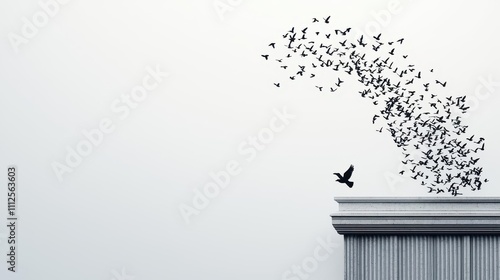 Conceptual art of financial freedom visualized as birds flying from a bank s rooftop photo