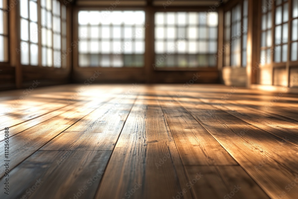 A wooden floor in a cozy room with windows, ideal for interior design or architectural photography A wooden floor in a cozy room with windows, ideal for interior design or architectural photography