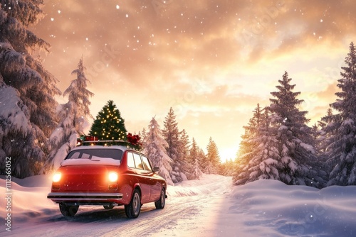 Red station wagon with festive tree in winter wonderland