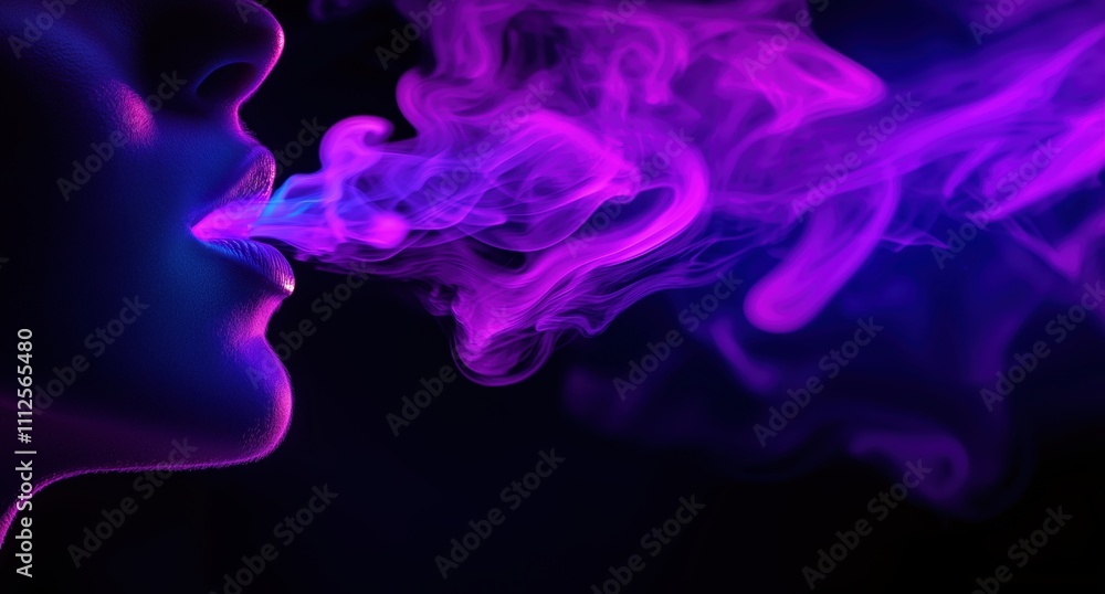 Obraz premium girl exhales steam from her mouth in neon light