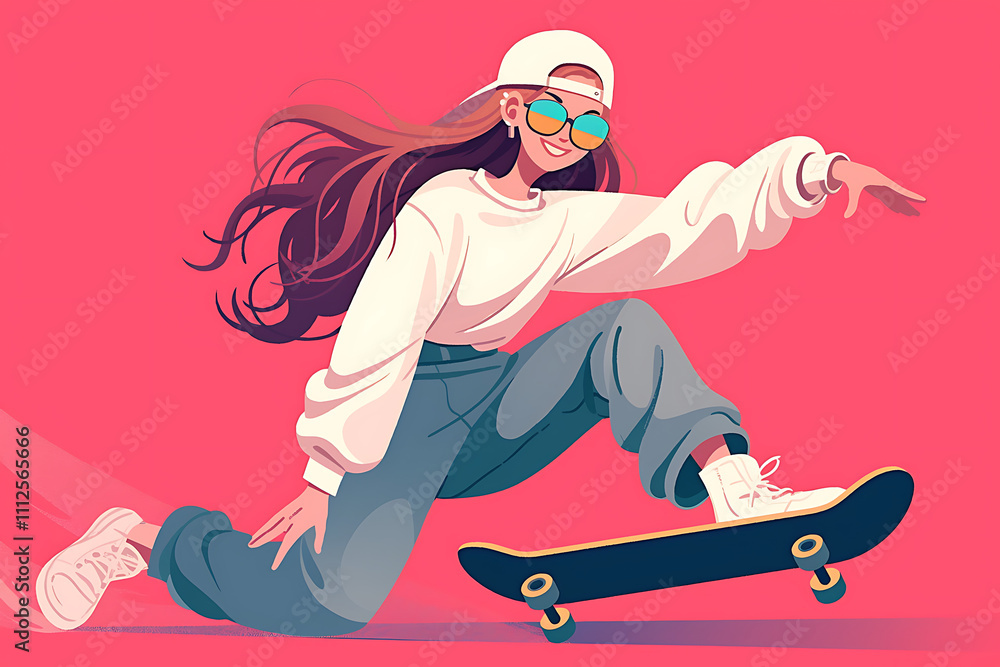Naklejka premium A girl skateboarding with a joyful expression, showcasing a dynamic and vibrant lifestyle.