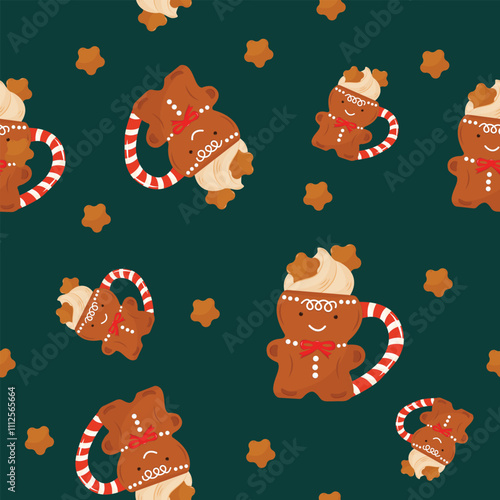 Seamless pattern with gingerbread man,cocoa and cookies on a dark green background.. Merry Christmas concept. Perfect for product design, scrapbooking, textile, wrapping paper. EPS 10