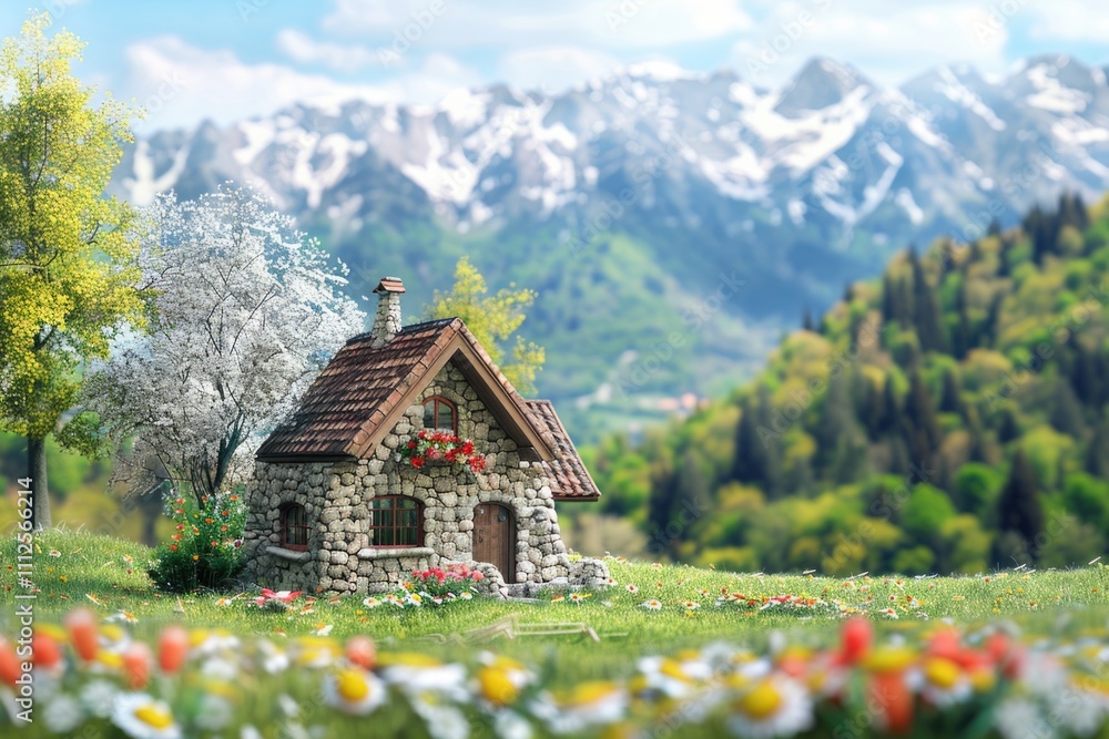 A small stone house sits in the middle of a green field, surrounded by nature A small stone house sits in the middle of a green field, surrounded by nature
