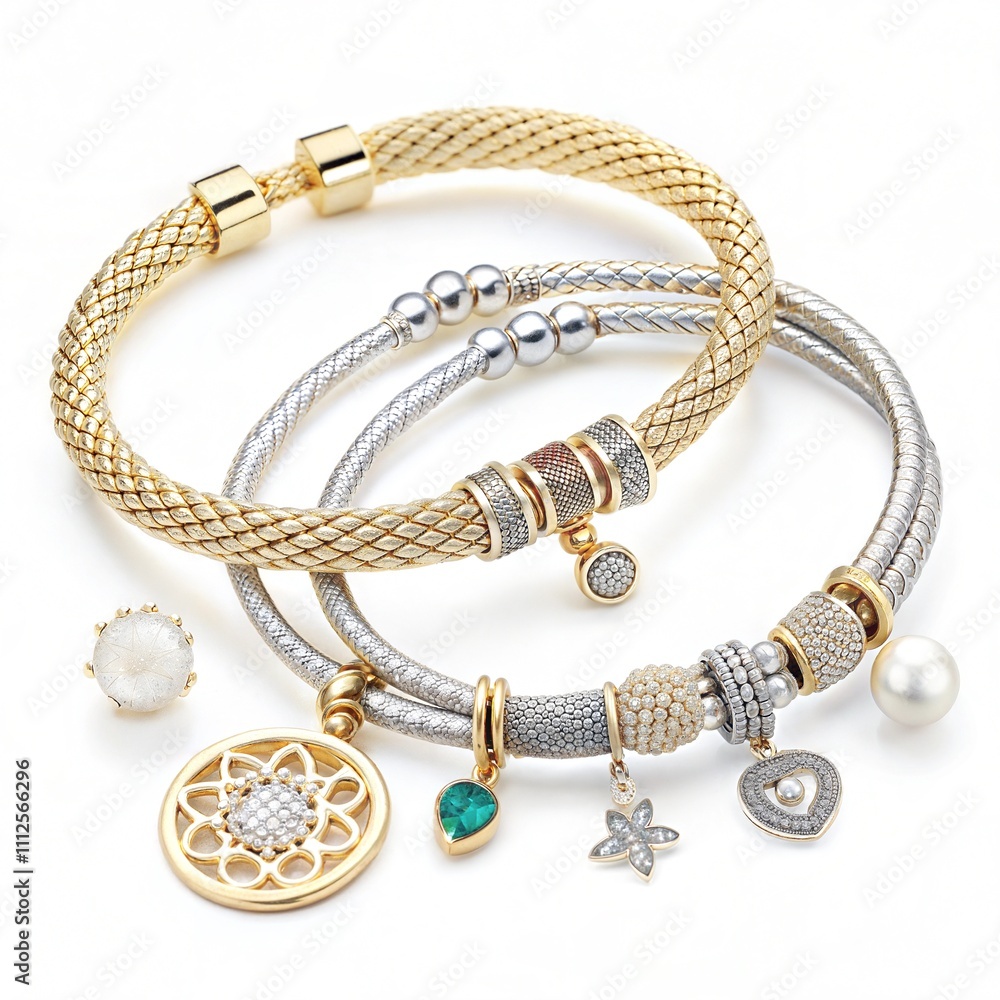 Group of seven elegant silver, gold and textile bracelets, with precious stones, pearls and little charms, isolated on white background, clipping paths included Group of seven elegant silver, gold and textile bracelets, with precious stones, pearls and little charms, isolated on white background, clipping paths included