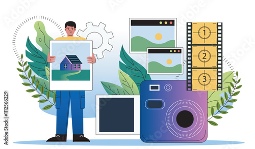 Photographer with image. Man with huge picture in hands near camera. Papparazi with equipment. Memory and nostalgia. Flat vector illustration