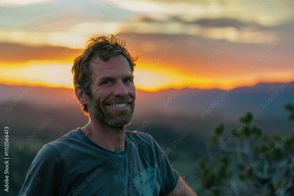 Portrait of a joyful caucasian man in his 30s sporting a technical climbing shirt in front of vibrant sunset horizon Portrait of a joyful caucasian man in his 30s sporting a technical climbing shirt in front of vibrant sunset horizon